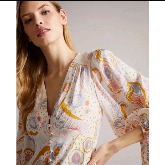 $295 TED BAKER Thelia Paisley Print Exaggerated Sleeve Mini Dress Size 2 - Picture 5 of 13